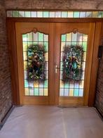 2 authentieke houten openslaande deuren met glas in lood, 80 tot 100 cm, Minder dan 200 cm, Glas, Zo goed als nieuw