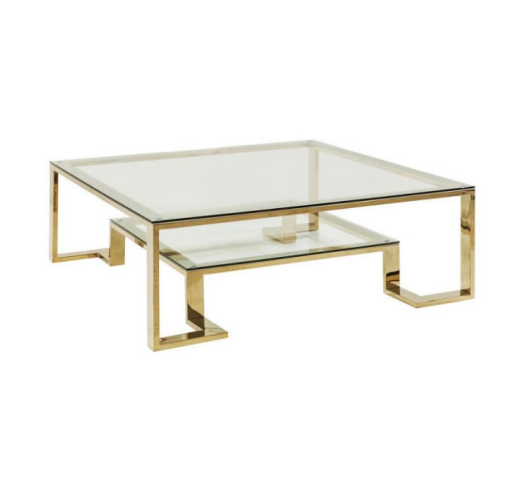 Glazen gouden salon tafel, 100 tot 150 cm, Zo goed als nieuw, Minder dan 50 cm, Rechthoekig