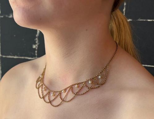 Jasseron antieke cascade ketting 14k goud natuurlijke parels, Sieraden, Tassen en Uiterlijk, Antieke sieraden, Ketting, Goud, Met edelsteen