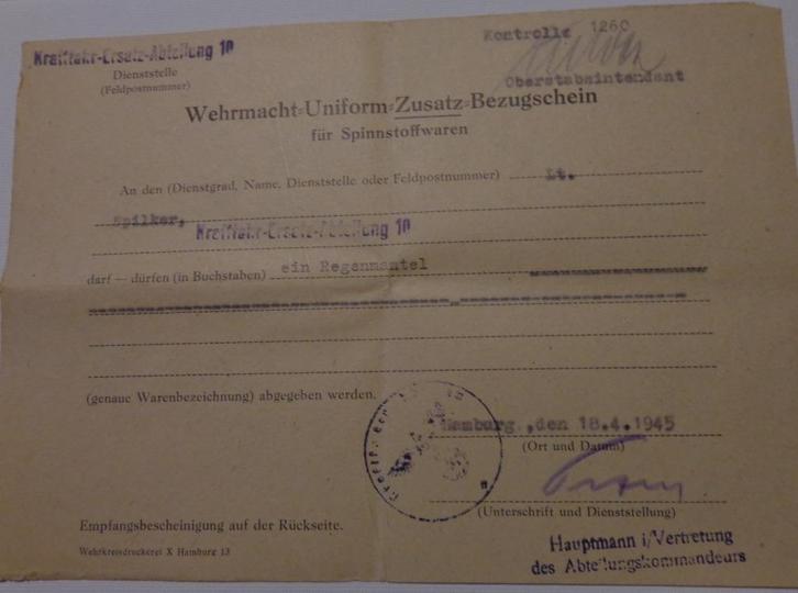 Wehrmacht Uniform Zusatz Bezugschein., Verzamelen, Militaria | Tweede Wereldoorlog, Landmacht, Kleding of Schoenen, Duitsland