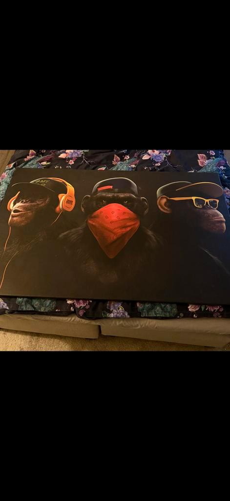 Canvas schilderij horen zien en zwijgen aap, Huis en Inrichting, Woonaccessoires | Schilderijen, Tekeningen en Foto's, Zo goed als nieuw