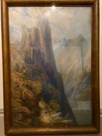 Schilderij: Berglandschap met Figuren, Antiek en Kunst, Ophalen