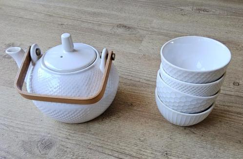 NATURE & DECOUVERTES - theepot + 4 kopjes, steengoed - 1,2L, Huis en Inrichting, Keuken | Servies, Gebruikt, Overige typen, Overige stijlen