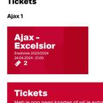 2 kaartjes voor Ajax - Excelsior vak 419 1e rij, April, Losse kaart, Twee personen