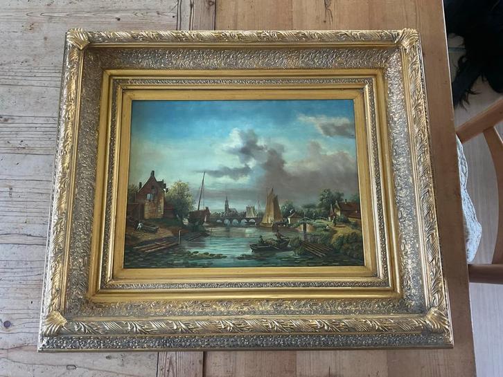 Olieverf Schilderij: Hollands Landschap, Antiek en Kunst, Kunst | Schilderijen | Klassiek, Ophalen of Verzenden