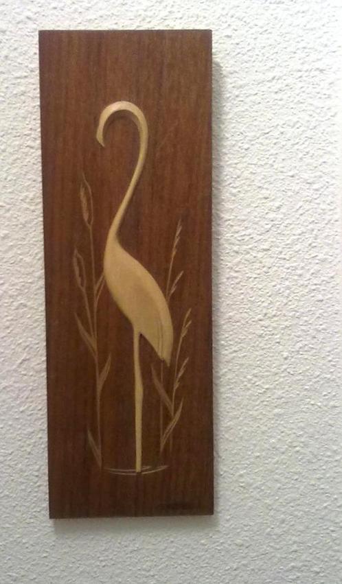 retro vintage houten wand deco hanger reiger, Huis en Inrichting, Woonaccessoires | Wanddecoraties, Gebruikt, Ophalen of Verzenden