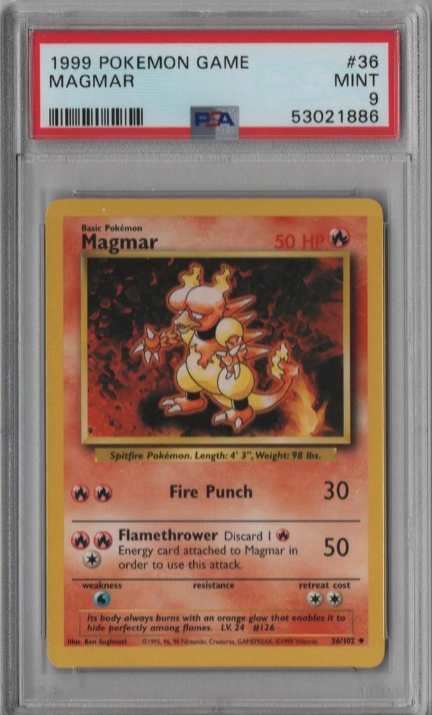 Magmar Psa 9 Base set unlimited, Hobby en Vrije tijd, Verzamelkaartspellen | Pokémon, Zo goed als nieuw, Ophalen of Verzenden