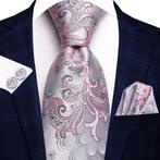 100% zijden stropdas pochet manchetknopen Roze Zilver NIEUW, Kleding | Heren, Stropdassen, Nieuw, Met patroon, Ophalen of Verzenden