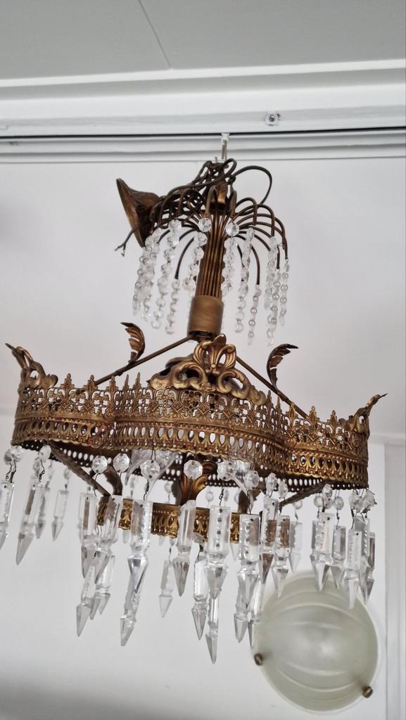 Antieke kroonluchter met kristallen, Huis en Inrichting, Lampen | Kroonluchters, Gebruikt, Glas, Metaal, Ophalen