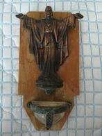 Antiek wijwaterbakje, koper/hout/glas, Antiek en Kunst, Ophalen of Verzenden