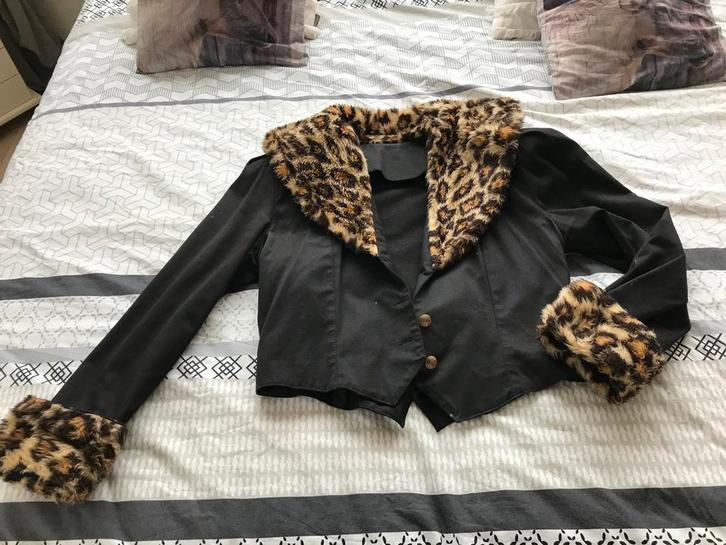 Leuk kort zwart jasje met tijgerkraag, Kleding | Dames, Jasjes, Kostuums en Pakken, Zo goed als nieuw, Jasje, Maat 42/44 (L), Zwart