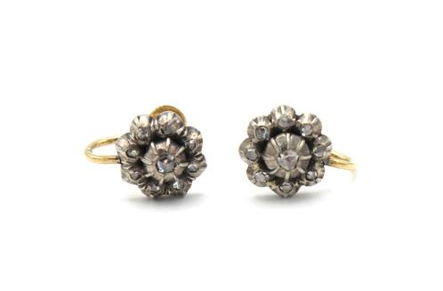 14 Karaat goud en zilveren schroef oorbellen met roosdiamant, Sieraden, Tassen en Uiterlijk, Antieke sieraden, Goud, Ophalen of Verzenden