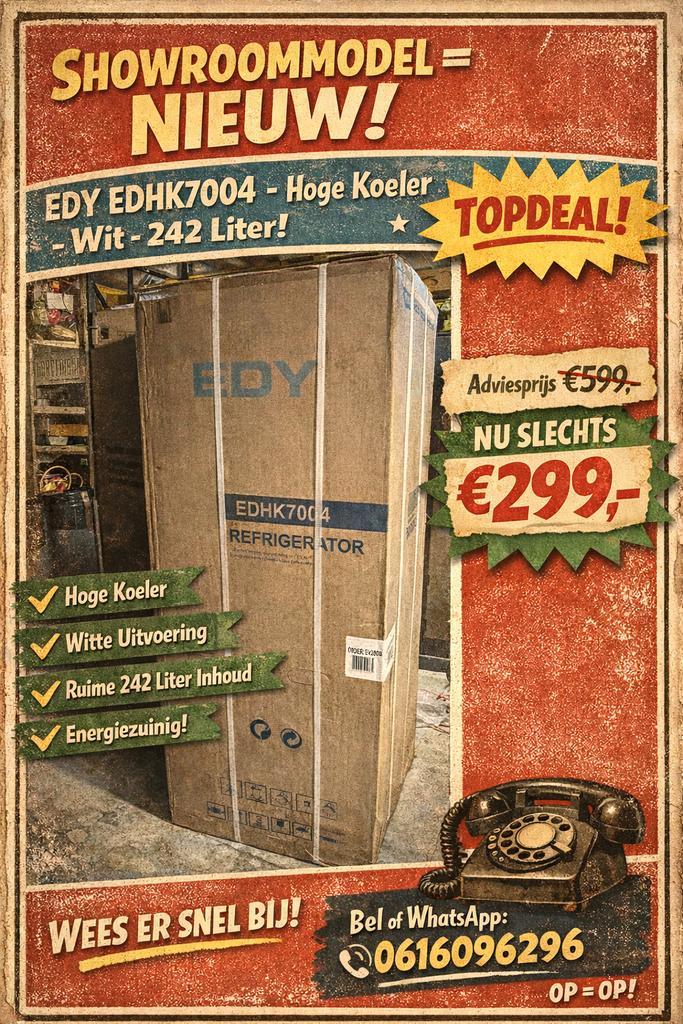 EDY EDHK7004 - Hoge Koeler - Wit - 242 Liter - in doos, Witgoed en Apparatuur, Koelkasten en IJskasten, Nieuw, Zonder vriesvak