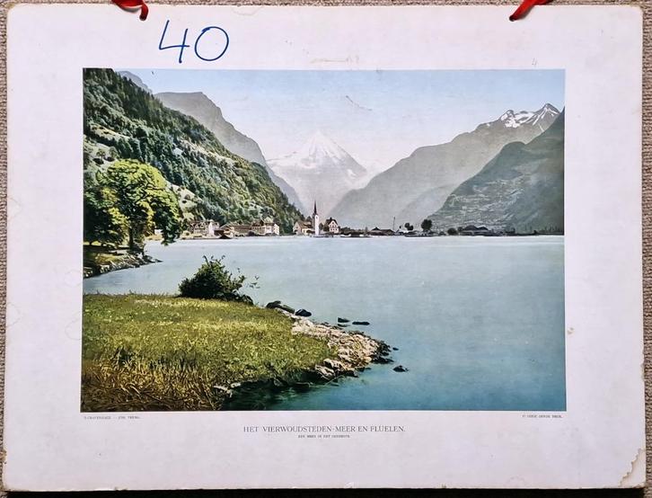 Het Vierwoudsteden-meer en Flüelen. Een meer in het gebergte, Antiek en Kunst, Antiek | Schoolplaten, Aardrijkskunde, Ophalen