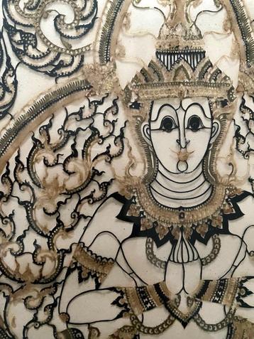 Buddha handsnijwerk uit leer/stof, Thailand, in lijst beschikbaar voor biedingen