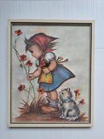Retro vintage prent Hummel meisje met poes ingelijst, Ophalen of Verzenden, Huis en Inrichting