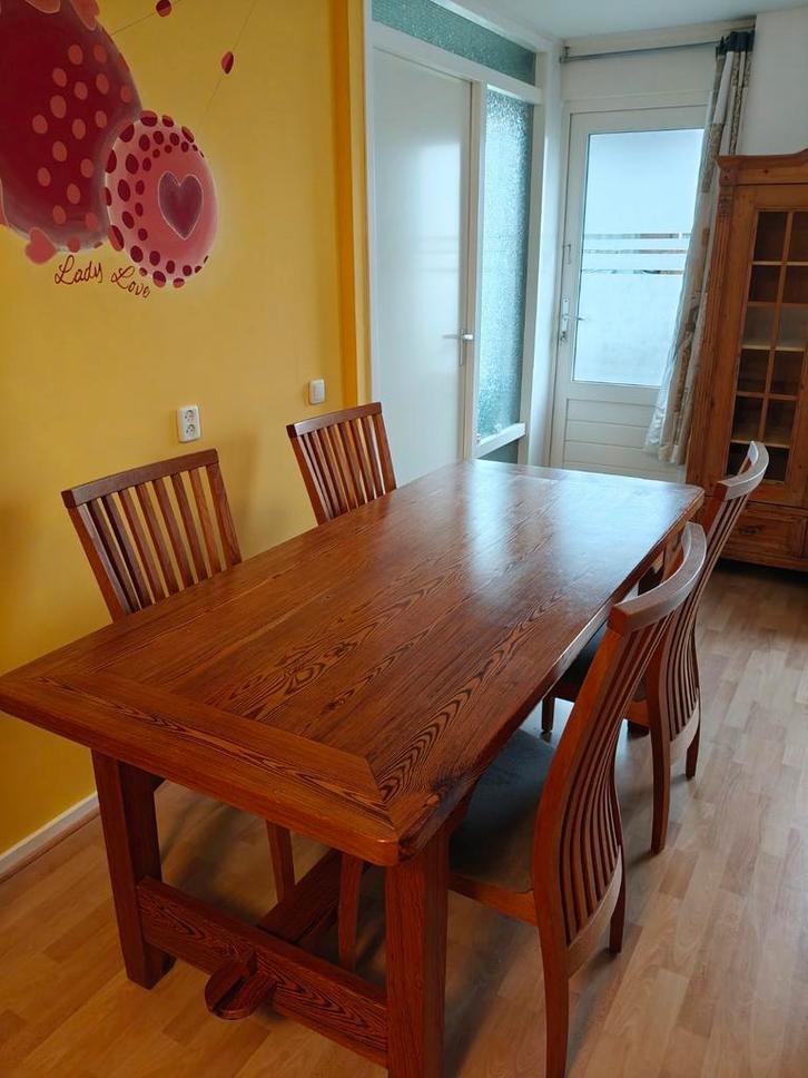Eiken houten eettafel incl 4 teakhouten stoelen, Huis en Inrichting, Complete eetkamers, Zo goed als nieuw, 4 tot 6 stoelen, Ophalen