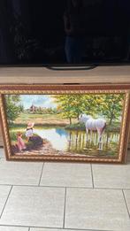 Heel mooi olieverf schilderij vrouw meisje met paard, Antiek en Kunst, Ophalen