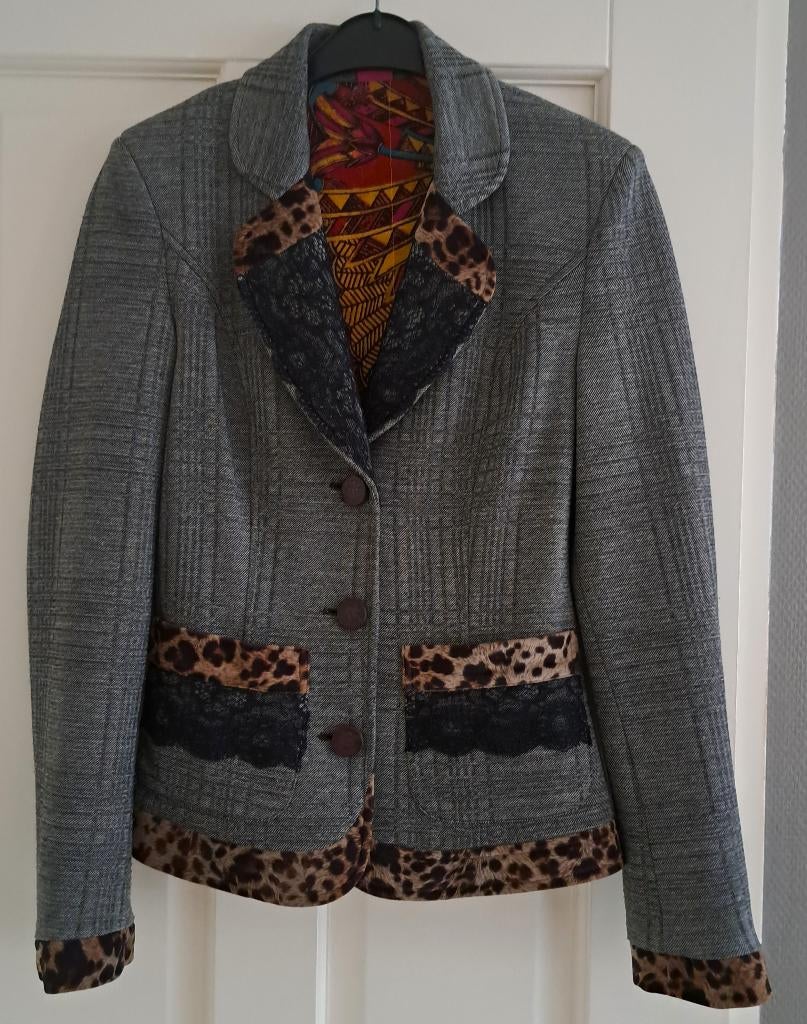 Save the Queen blazer grijs + luipaard + kant zwart S 43527