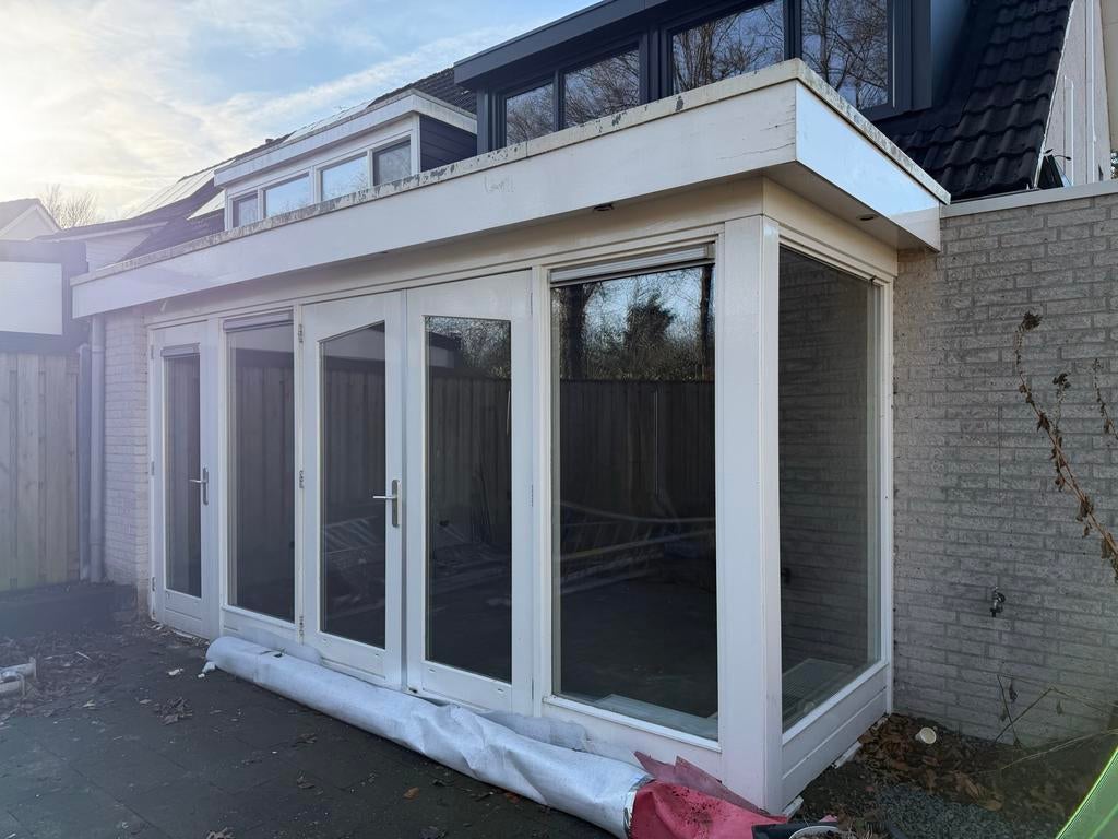 Houten kozijnen met terrasdeuren en vast glas - 465cm, Ophalen, Gebruikt, Deurkozijn, 225 cm of meer