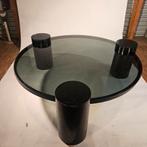 Glazen salontafel met cilindervormige poten, Huis en Inrichting, Tafels | Salontafels, Ophalen, Gebruikt, 50 tot 100 cm, 50 tot 100 cm