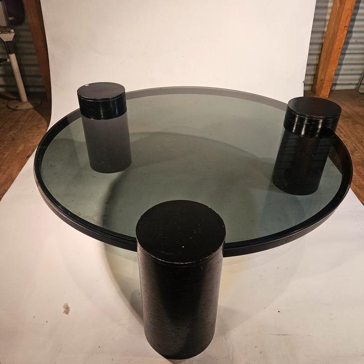 Glazen salontafel met cilindervormige poten, Huis en Inrichting, Tafels | Salontafels, Gebruikt, Minder dan 50 cm, 50 tot 100 cm