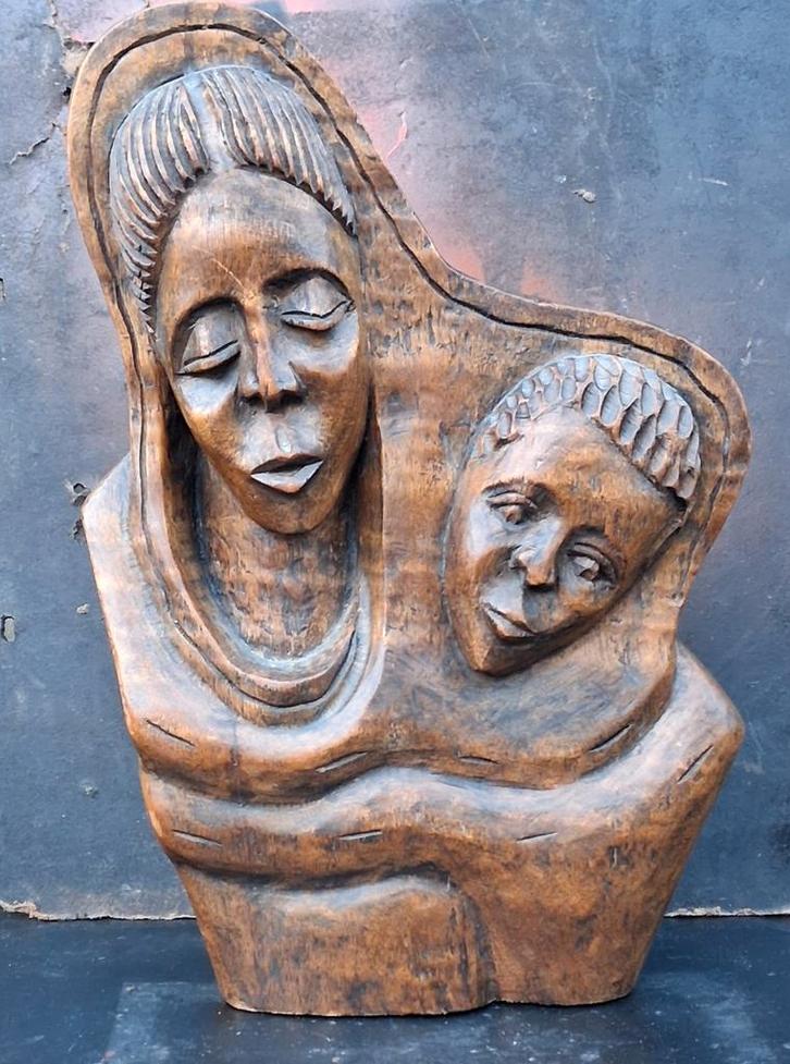 Buste. Moeder met kind. Houtsnijwerk. Ca 1850. 31/46 cm., Antiek en Kunst, Kunst | Beelden en Houtsnijwerken, Ophalen