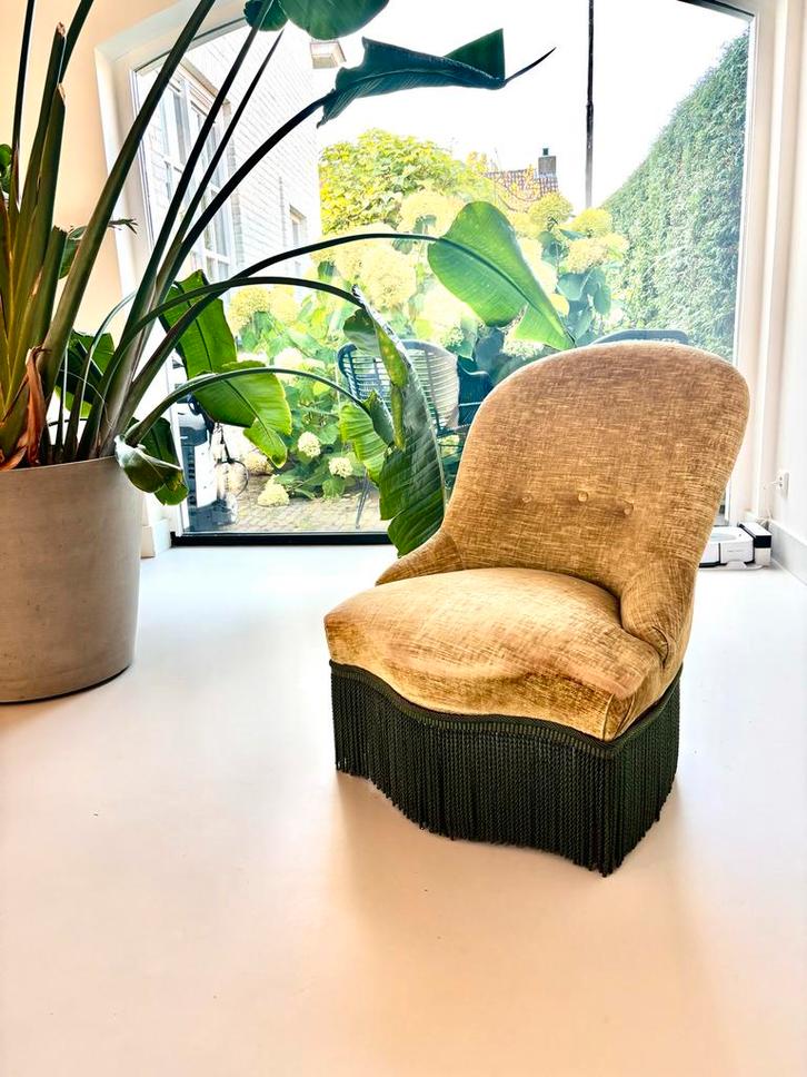 Antieke Fauteuil met Groene Franje, Huis en Inrichting, Fauteuils, Gebruikt, Stof, Minder dan 50 cm, Minder dan 75 cm, Ophalen