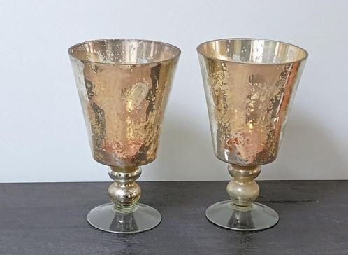 2 x  Glazen kandelaar  / windlicht / vaas, goudkleurig., Huis en Inrichting, Woonaccessoires | Kandelaars en Kaarsen, Zo goed als nieuw