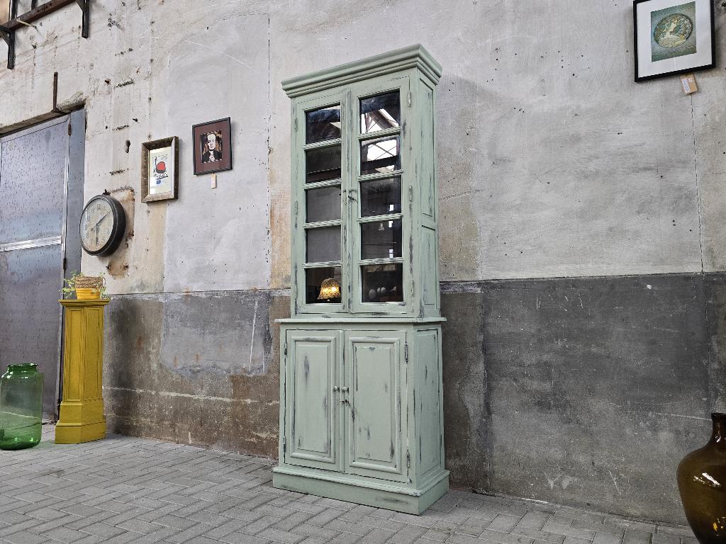 Vintage Groen Grijze Vitrine Kast | Hoge Buffetkast Hout, Huis en Inrichting, Kasten | Vitrinekasten, Antiek Retro Vintage Brocante Landelijk