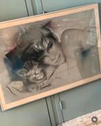 Vintage poster lijst Verkerke vrouw kat airbrush art ‘80, Ophalen, A1 t/m A3