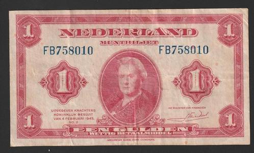 1 gld 1943 FB 758010 (wilhelmina) aardig mooi exemplaar, Postzegels en Munten, Bankbiljetten | Nederland, Los biljet, 1 gulden