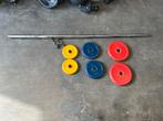 Halter stang met schijven gewichten, Sport en Fitness, Gebruikt, Stang, Ophalen of Verzenden, Met schijven