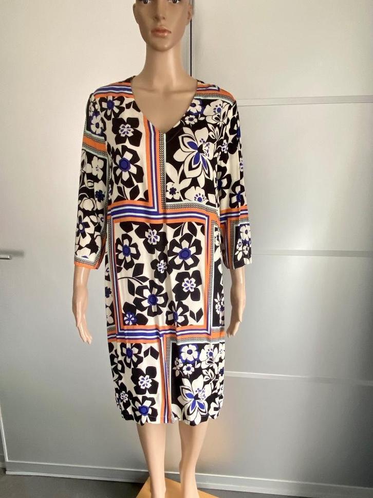 J199 Habella maat 42=L jurk jurkje blauw/zwart/beige/oranje, Kleding | Dames, Jurken, Zo goed als nieuw, Maat 42/44 (L), Beige