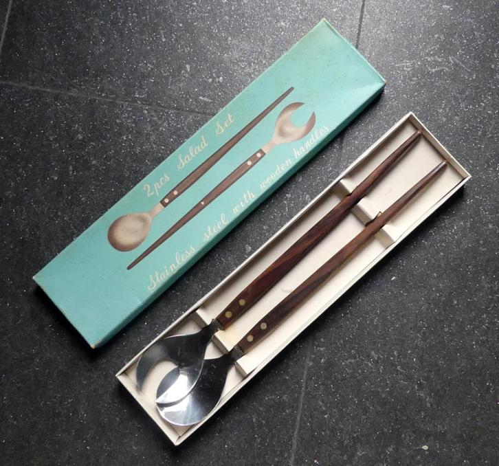 Vintage houten slacouvert couvert bestek, Huis en Inrichting, Keuken | Bestek, Gebruikt, Bestekset, Hout, Ophalen of Verzenden