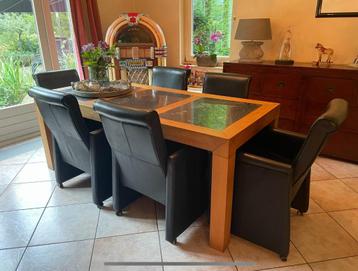 Houten eettafel met Hardsteen Blad 90x200 + 6 leren stoelen beschikbaar voor biedingen