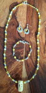 Gele tijgeroog set met bone masker hanger. ketting halflang., Sieraden, Tassen en Uiterlijk, Geel, Nieuw, Ophalen of Verzenden