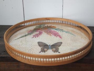 vintage dienblad, bamboe rotan papier inleg, taiwan jaren 60 beschikbaar voor biedingen