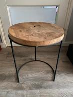 Bijzettafel teak rond zwart metaal, Minder dan 55 cm, Metaal of Aluminium, Rond, Zo goed als nieuw