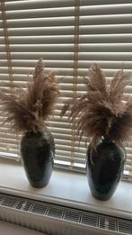 Grote vazen groen 2x met pluimen., Ophalen, Zo goed als nieuw