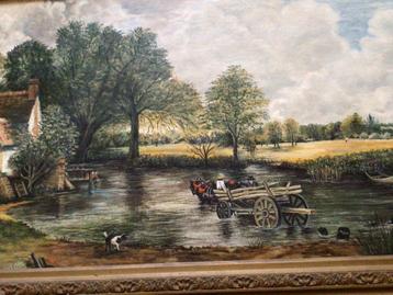 Schilderij Paard en wagen in de rivier, in lijst beschikbaar voor biedingen