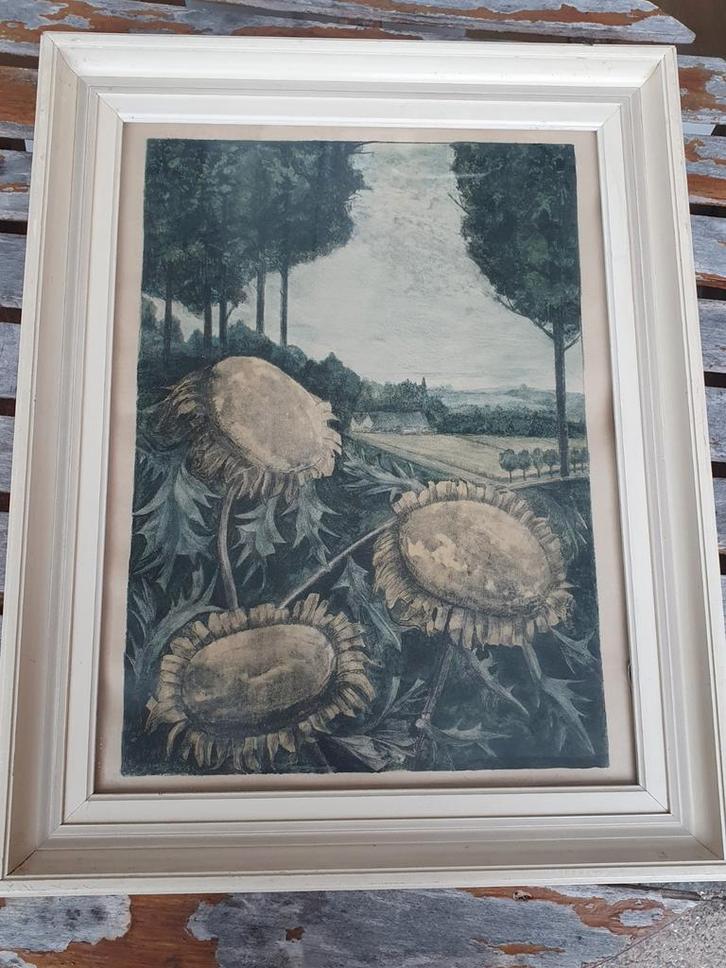 A.G. Dieperink kleuren ets zonnebloemen met landschap, Antiek en Kunst, Kunst | Etsen en Gravures, Ophalen