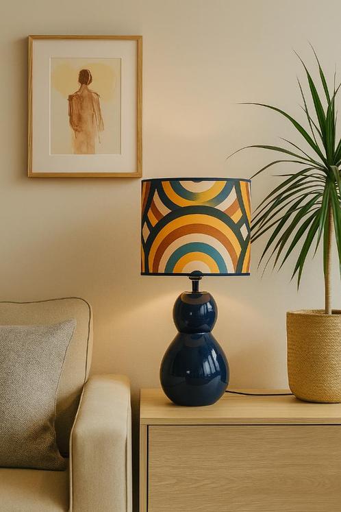 Retro design handgemaakte lampenkap petrol oker, Huis en Inrichting, Lampen | Lampenkappen, Nieuw, 25 tot 50 cm, Rond, Beige, Blauw