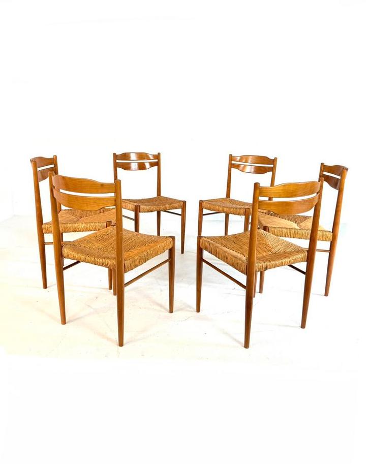 Set van 6 vintage biezematten stoelen ‘60, Huis en Inrichting, Stoelen, Zo goed als nieuw, Vijf, Zes of meer stoelen, Hout, Riet of Rotan