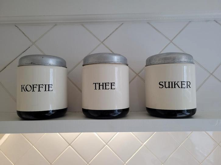 Emaille set drie voorraad bussen wit/zwart, Antiek en Kunst, Antiek | Emaille, Ophalen