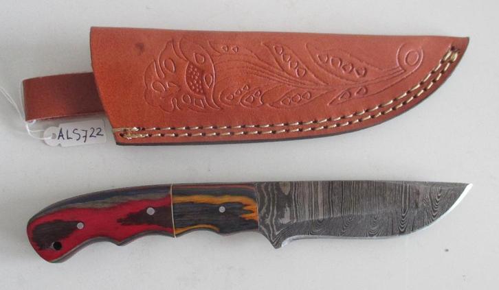 Handgesmeed Damast mes met lederen schede. ALS722., Caravans en Kamperen, Kampeergereedschap, Nieuw, Ophalen of Verzenden