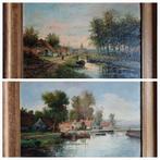 Te koop: 2 Antieke olieverfschilderijen op paneel met lijst, Antiek en Kunst, Kunst | Schilderijen | Klassiek, Ophalen