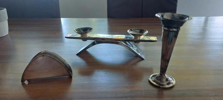 Vintage Verzilverde Set: Kandelaar, Vaasje, Servethouder, Antiek en Kunst, Antiek | Goud en Zilver, Zilver, Ophalen