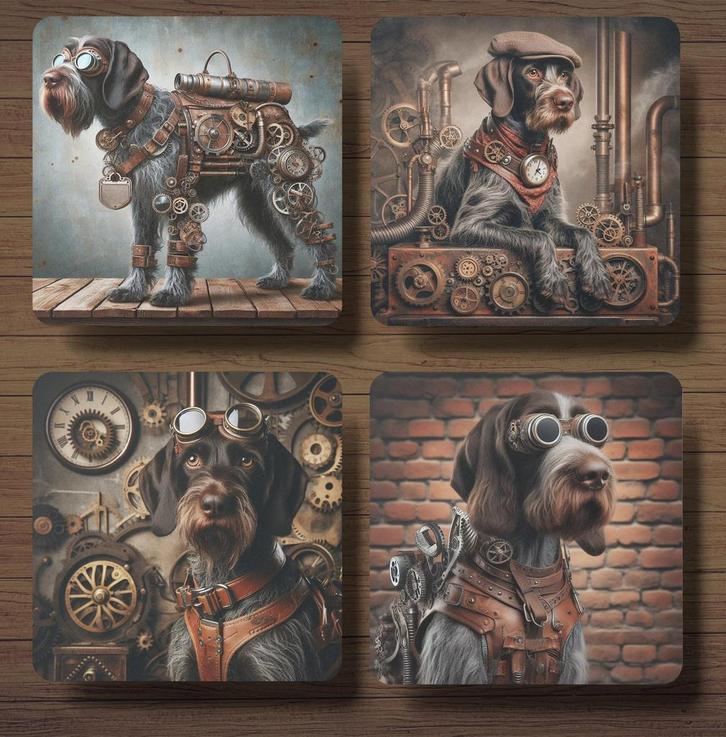 Duitse Staande Draadhaar Steampunk onderzetters met houder, Huis en Inrichting, Woonaccessoires | Onderzetters, Nieuw, Glas of Kopje