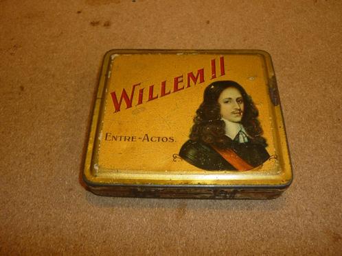 Vintage reclame lege Willem II platte tabaksblik Entre Actos, Verzamelen, Rookartikelen, Aanstekers en Luciferdoosjes, Gebruikt